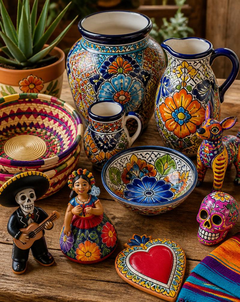 Artesanías mexicanas de talavera y barro pintado a mano