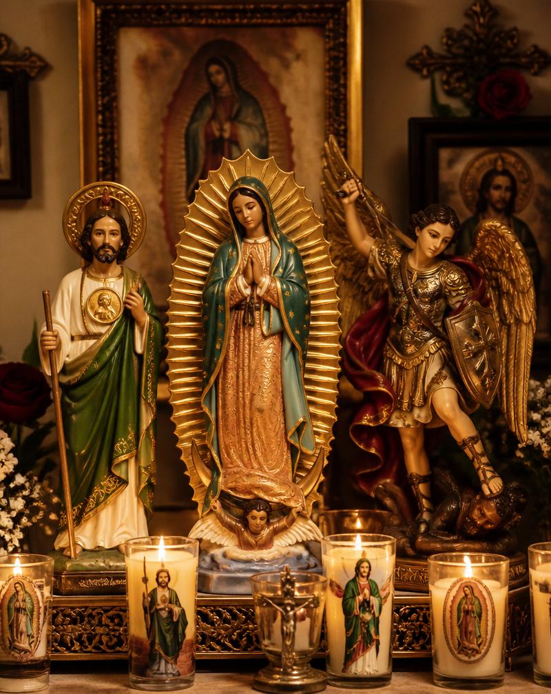 Imágenes religiosas de la Virgen de Guadalupe, San Judas y arcángel