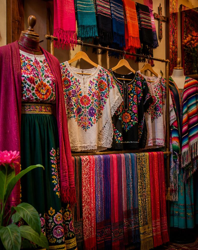 Ropa tradicional mexicana bordada y rebozos coloridos